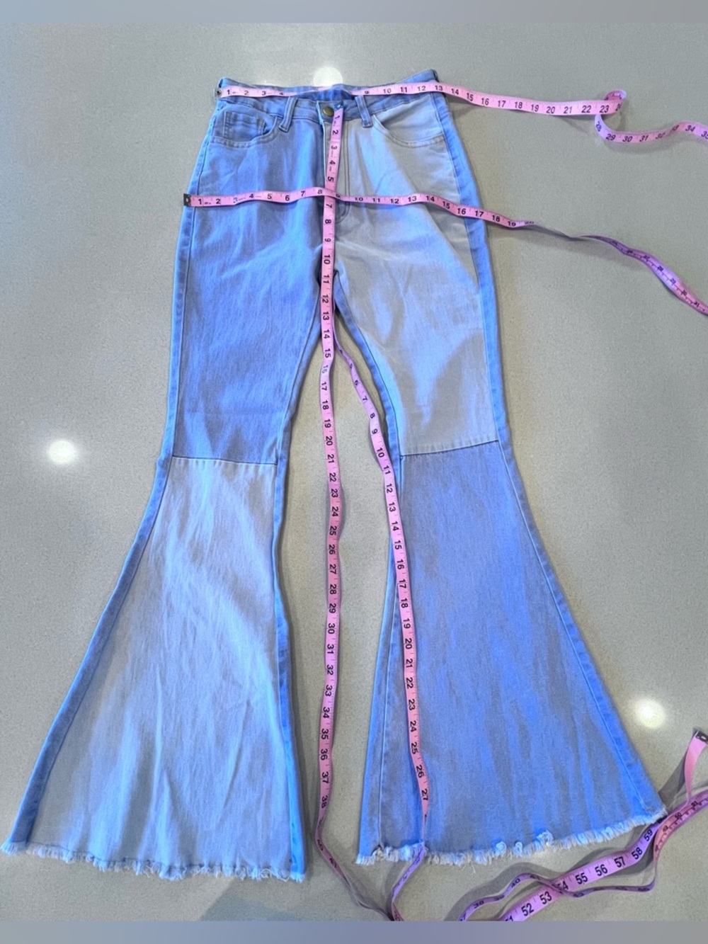 Two-Tone Light Blue Flare Bell Bottom Jeans Stretch Sz Small 60’s 70’s Vibe - Picture 2 of 8